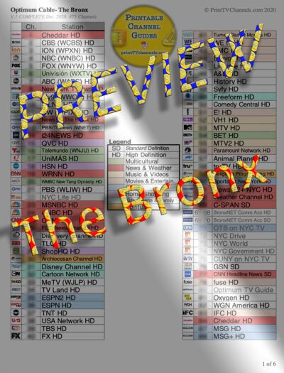PREVIEW image of Optimum Cable TV Channel Lineup Guide for The Bronx, NY. This is a preview image of the PDF file that is available for download and printing at home. Search-friendly too!