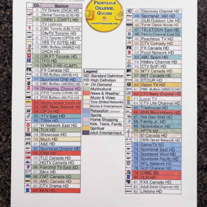 Portrait photo of our printed colour-coded PDF file of ALL Rogers DIGITAL TV channels in Richmond Hill, ON.