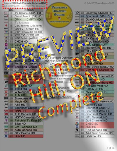 PREVIEW IMAGE- Rogers DIGITAL TV Channel Guide- RICHMOND HILL, ON- Complete (comprehensive) version. Colour-coded TV channel guide arranged by channel number. Crisp, high-resolution TV station logos make it easy to quickly scan for channels. This is a PDF file available to download and print at home (or have us do it!).