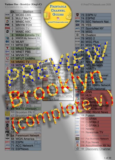 PREVIEW image of Verizon FIOS TV Channel Lineup Guide for Brooklyn, NY. This is a preview image of the PDF file that is available for download and printing at home. Search-friendly too!