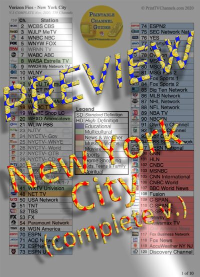 PREVIEW image of Verizon FIOS TV Channel Lineup Guide for NYC (Manhattan). This is a preview image of the PDF file that is available for download and printing at home. Search-friendly too!