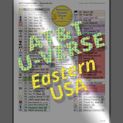 Preview Image: A print- and search-friendly PDF listing of all AT&T U-Verse digital TV channels. For customers in eastern America. Color-coded by genre, this 10-page channel lineup guide has 687 channels, 235 of which are HD (no 4K yet). This PDF file can be downloaded and printed at home. Or have us print, bind and mail you a hardcopy gift. Includes 104 Sports channels, 145 Movie channels, 129 International channels and 75 digital music channels. GTIN 616833846045