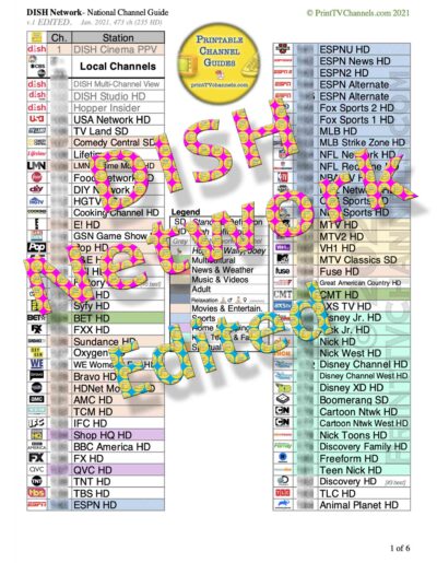 Preview Image: A print- and search-friendly PDF listing of Dish Network TV channels, less most Multicultural Channels (Edited Version). For customers across United States. Color-coded by genre, this 6-page channel lineup guide has 473 channels, 235 of which are HD or 4K. This PDF file can be downloaded and printed at home. Or have us print, bind and mail you a hardcopy gift. Includes Sirius XM Satellite music channels.