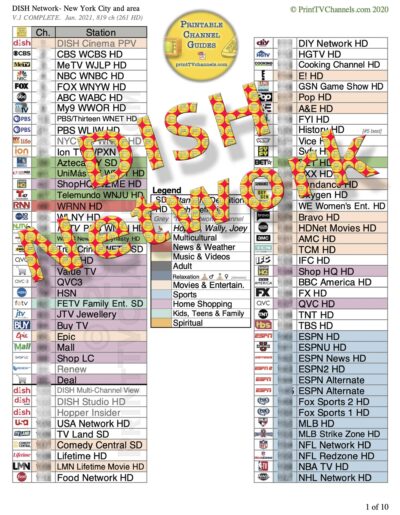 PREVIEW IMAGE (CLEAN): A print- and search-friendly PDF listing of all Dish Network TV channels. For customers in New York City and surrounding area. Color-coded by genre, this 10-page channel lineup guide has 819 channels, 261 of which are HD or 4K. This PDF file can be downloaded and printed at home. Or have us print, bind and mail you a hardcopy gift. Includes Sirius XM Satellite music channels.
