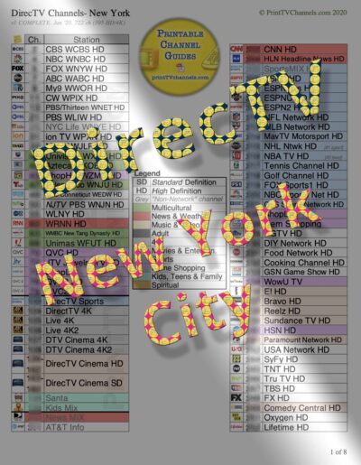 Preview Image: A print- and search-friendly PDF listing of all DirecTV TV channels. For customers in New York City. Color-coded by genre, this 8-page channel lineup guide has 722 channels, 395 of which are HD or 4K. This PDF file can be downloaded and printed at home. Or have us print, bind and mail you a hardcopy gift. Includes Music Choice channel lineup.