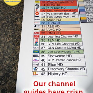 Closeup image of a print friendly TV channel guide showing crisp, high-res station logos