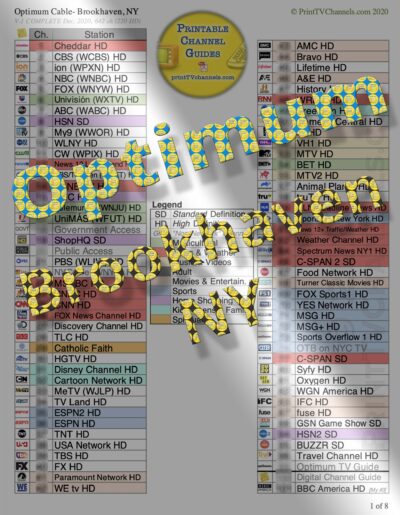 Preview Image: A print- and search-friendly, colour-coded PDF file of Optimum cable TV channels. An 8-page guide with 642 channels, of which, 220 are HD. This channel table can be printed from home or by us. For customers in or near Brookhaven, Long Island, New York.