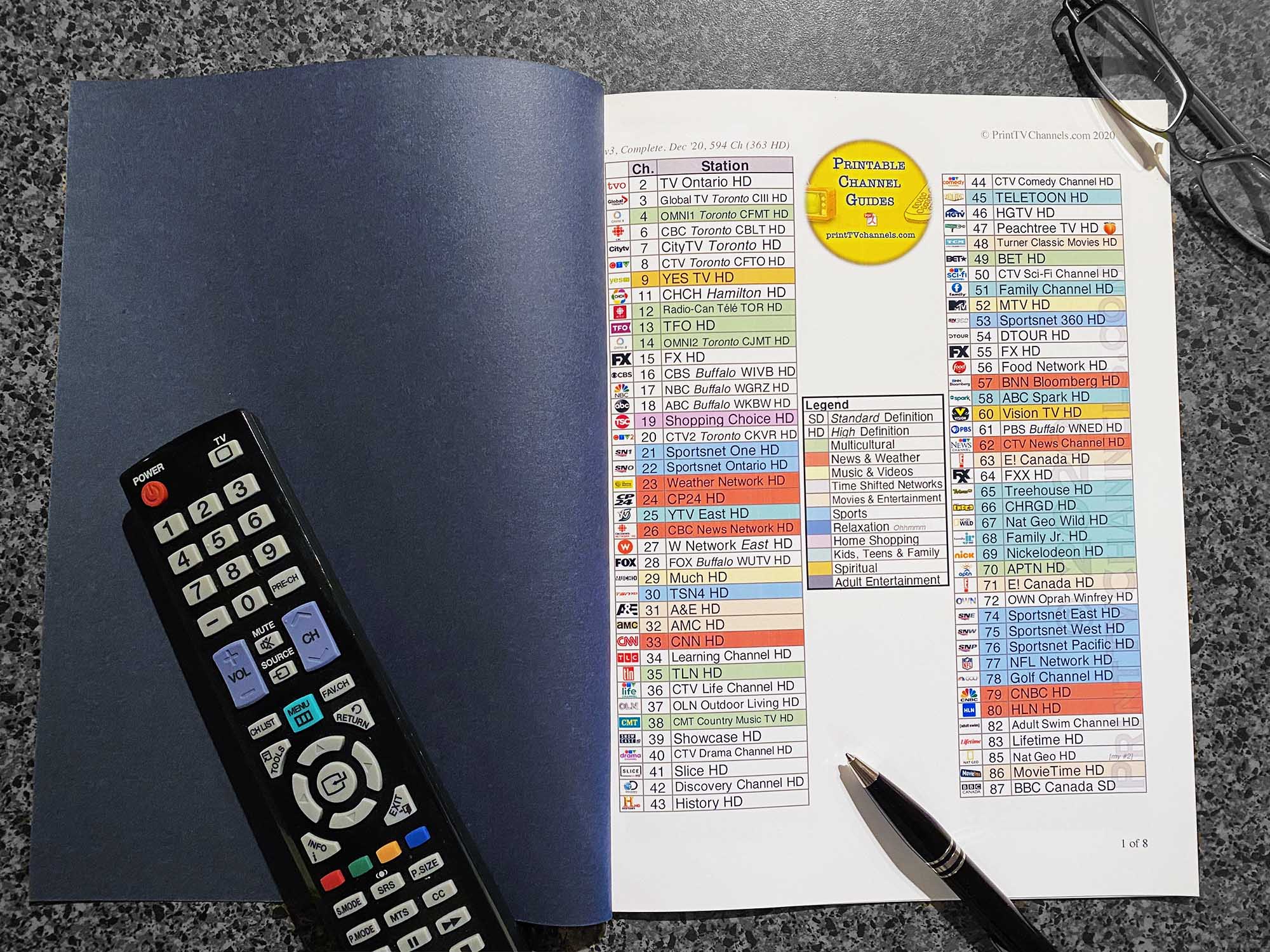 Printed Hardcopy Of TV Channel Guide From PrintTVchannels 