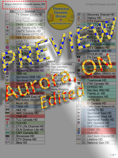 Rogers DIGITAL TV Channel Guide- AURORA, ON. This 7-page, 508-channel colour-coded PDF TV channel guide is arranged by station number. Crisp, high-resolution TV station logos make it easy to quickly scan for channels. File is available to download and print at home (or have us do it!). Most SD and Multicultural have been removed as compared to the Complete guide. French channels included. GTIN 634359182621