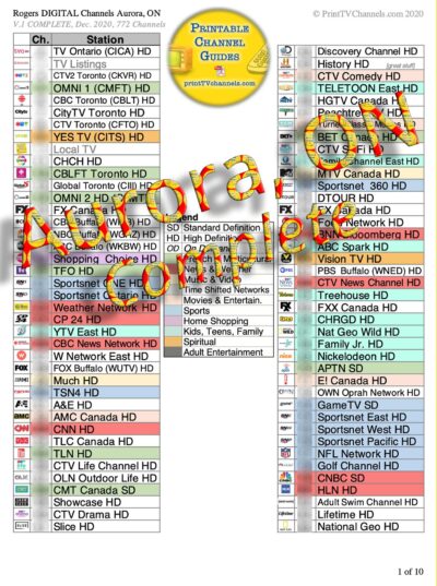 Preview Image (cleaned)- Rogers DIGITAL TV Channel Guide- AURORA, ON. This 7-page, 508-channel colour-coded PDF TV channel guide is arranged by station number. Crisp, high-resolution TV station logos make it easy to quickly scan for channels. File is available to download and print at home (or have us do it!). Most SD and Multicultural have been removed as compared to the Complete guide. French channels included. GTIN 634359182614