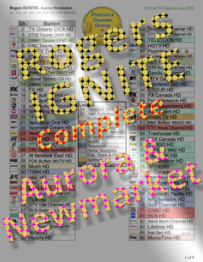 Product Preview Photo: A print-friendly, colour-coded, 8-page PDF file of all Rogers IGNITE TV channels in Aurora and Newmarket, ON. This is a complete (comprehensive) listing of all channels available (616 in total, with 385 HD/4K).