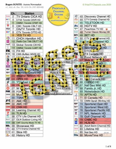 Product Preview Photo: A print-friendly, colour-coded, 8-page PDF file of all Rogers IGNITE TV channels in Aurora and Newmarket, ON. This is a complete (comprehensive) listing of all channels available (616 in total, with 385 HD/4K). GTIN 634359182676