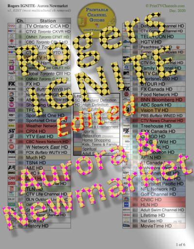 Product Preview Photo: A print-friendly, colour-coded, 6-page PDF file of Rogers IGNITE TV channels in Aurora and Newmarket, ON. This edited (shortened) version has had most Multicultural channels removed compared to the Complete Guide.