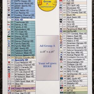 Photograph: A print-friendly, colour-coded PDF file of all Shaw satellite TV channels in Canada. Complete (comprehensive) version with 6 pages and 459 channels.