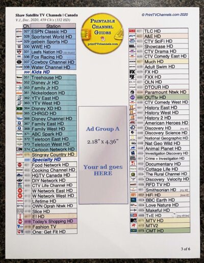 Photograph: A print-friendly, colour-coded PDF file of all Shaw satellite TV channels in Canada. Complete (comprehensive) version with 6 pages and 459 channels.