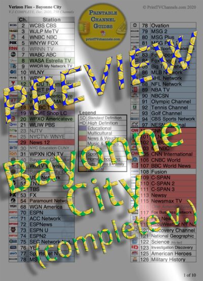 PREVIEW image of Verizon FIOS TV Channel Lineup Guide, Complete Version for Bayonne City, NJ. This is a preview image of the PDF file that is available for download and printing at home. Search-friendly too!