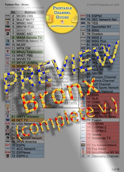 PREVIEW image of Verizon FIOS TV Channel Lineup Guide for The Bronx, NY. This is a preview image of the PDF file that is available for download and printing at home. Search-friendly too!