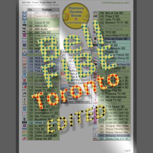 Preview: A print-friendly, colour-coded PDF file of most Bell FIBE TV channels for Toronto, Niagara, Barrie and several surrounding areas. This EDITED version has omitted most international channels. It is 9 pages long and comprised of 694 TV and music channels (293 are HD/4K). Includes Stingray Music as well as several real radio stations. GTIN 634359182263