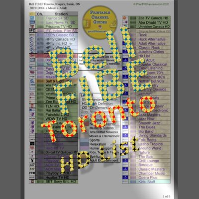 Preview Image: A print-friendly, colour-coded PDF file of HD and 4K Bell FIBE TV channels for Toronto, Niagara, Barrie and several surrounding areas. This version also includes select SD channels that otherwise wouldn't be seen if the list were to strictly adhere to HD-only. It is 6 pages long and comprised of 309 HD/4K channels PLUS digital music PLUS all adult entertainment channels.