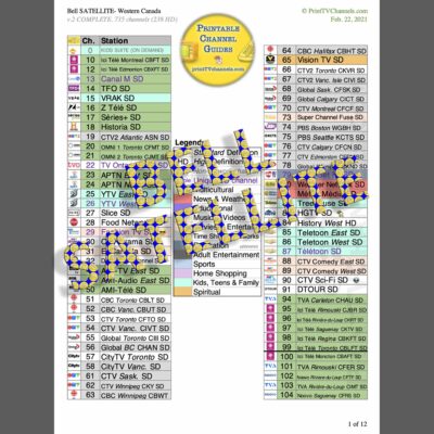 Preview Image (clean): A print-friendly, colour-coded PDF file of all Bell SATELLITE TV channels for Western Canada. Complete (comprehensive) version of all channels which is comprised of 12 pages and 735 channels (238 are HD). Includes Stingray music and several live radio stations. GTIN 634359182645