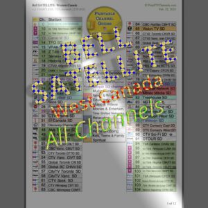 Preview Image: A print-friendly, colour-coded PDF file of all Bell SATELLITE TV channels for Western Canada. Complete (comprehensive) version of all channels which is comprised of 12 pages and 735 channels (238 are HD). Includes Stingray music and several live radio stations. GTIN 634359182645