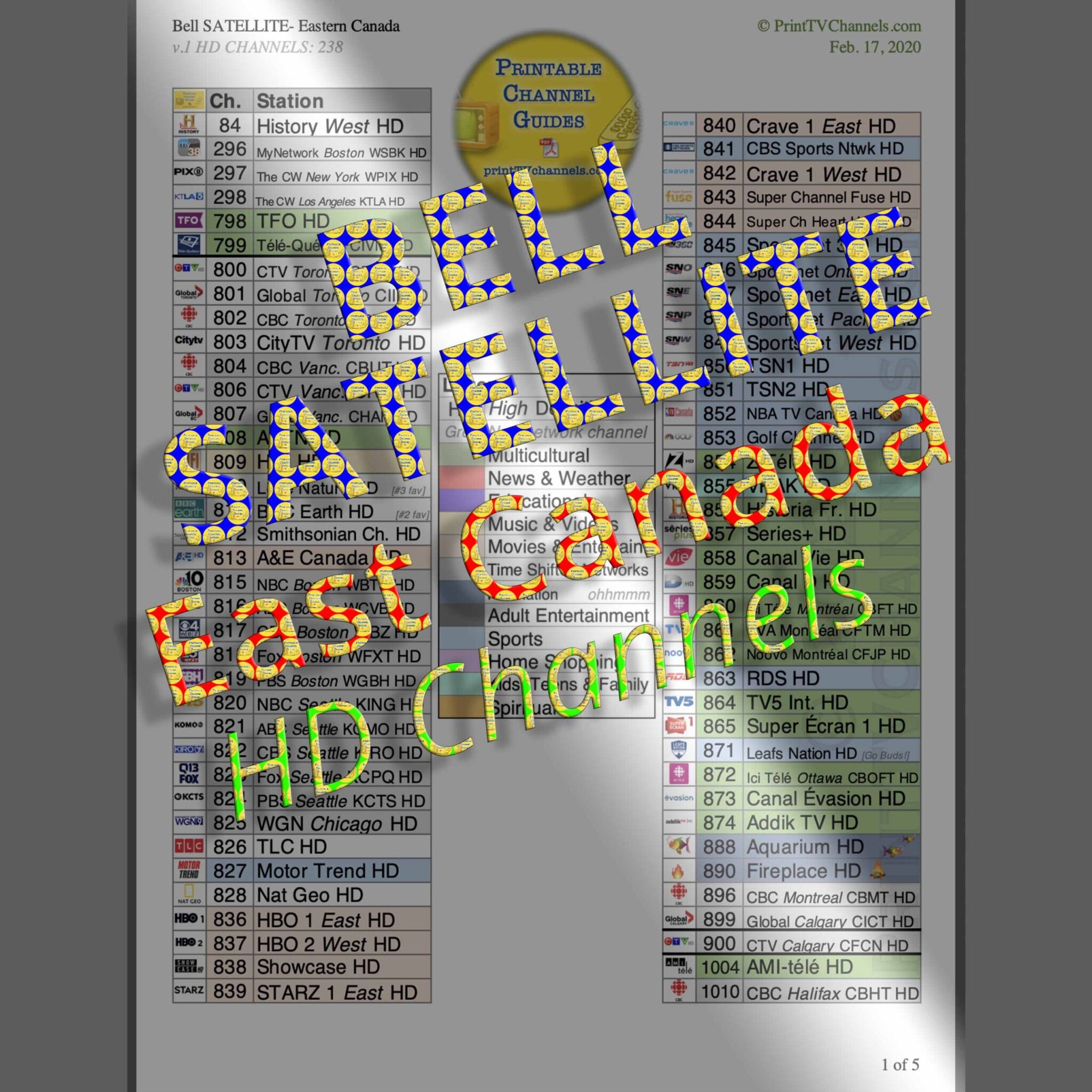 Preview Image: A print-friendly, colour-coded PDF file of all HD channels in the Bell SATELLITE TV (Express Vu) package for EASTERN Canada. This version lists only HD channels and so exludes SD stations (some of which are useful such as Stingray Music and Adult Entertainment). This channel guide is 5 pages long with 238 HD channels (no 4K available). GTIN 616833846090