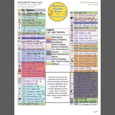 Preview Image (clean): A print-friendly, colour-coded PDF file of select Bell SATELLITE TV channels for EASTERN Canada. This "Edited" version lists all HD channels as well as unique SD stations (such as Stingray Music and Adult Entertainment as well as some News and Children's channels that aren't included in our "HD" Version. This version is the most useful because it contains all HD channels but removes several duplicated channels. This channel guide is 7 pages long with 470 channels (238 HD). Includes Stingray music and several live radio stations as well as adult entertainment in addition to all main channels. GTIN 616833846083