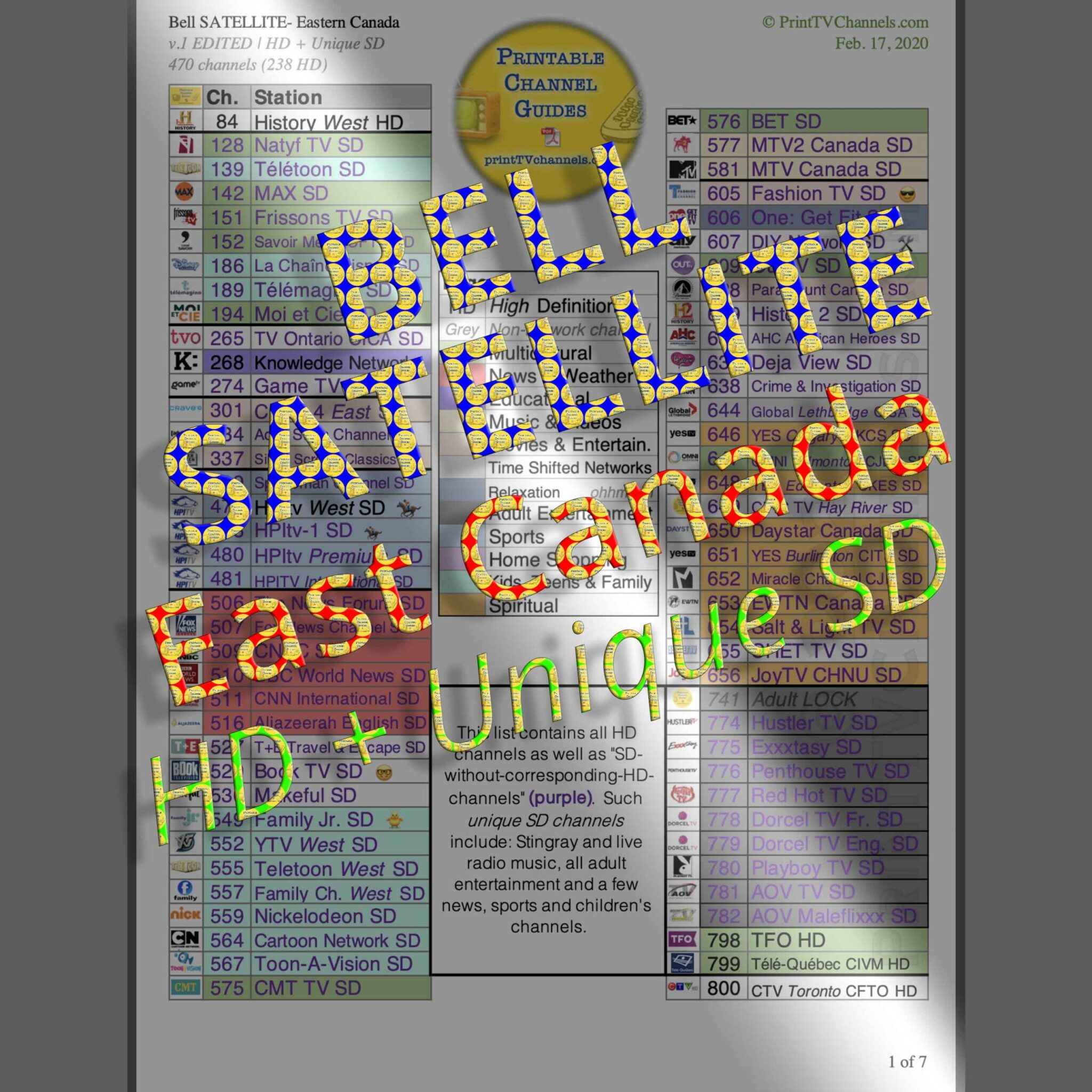 Preview Image: A print-friendly, colour-coded PDF file of select Bell SATELLITE TV channels for EASTERN Canada. This "Edited" version lists all HD channels as well as unique SD stations (such as Stingray Music and Adult Entertainment as well as some News and Children's channels that aren't included in our "HD" Version. This version is the most useful because it contains all HD channels but removes several duplicated channels. This channel guide is 7 pages long with 470 channels (238 HD). Includes Stingray music and several live radio stations as well as adult entertainment in addition to all main channels. GTIN 616833846083