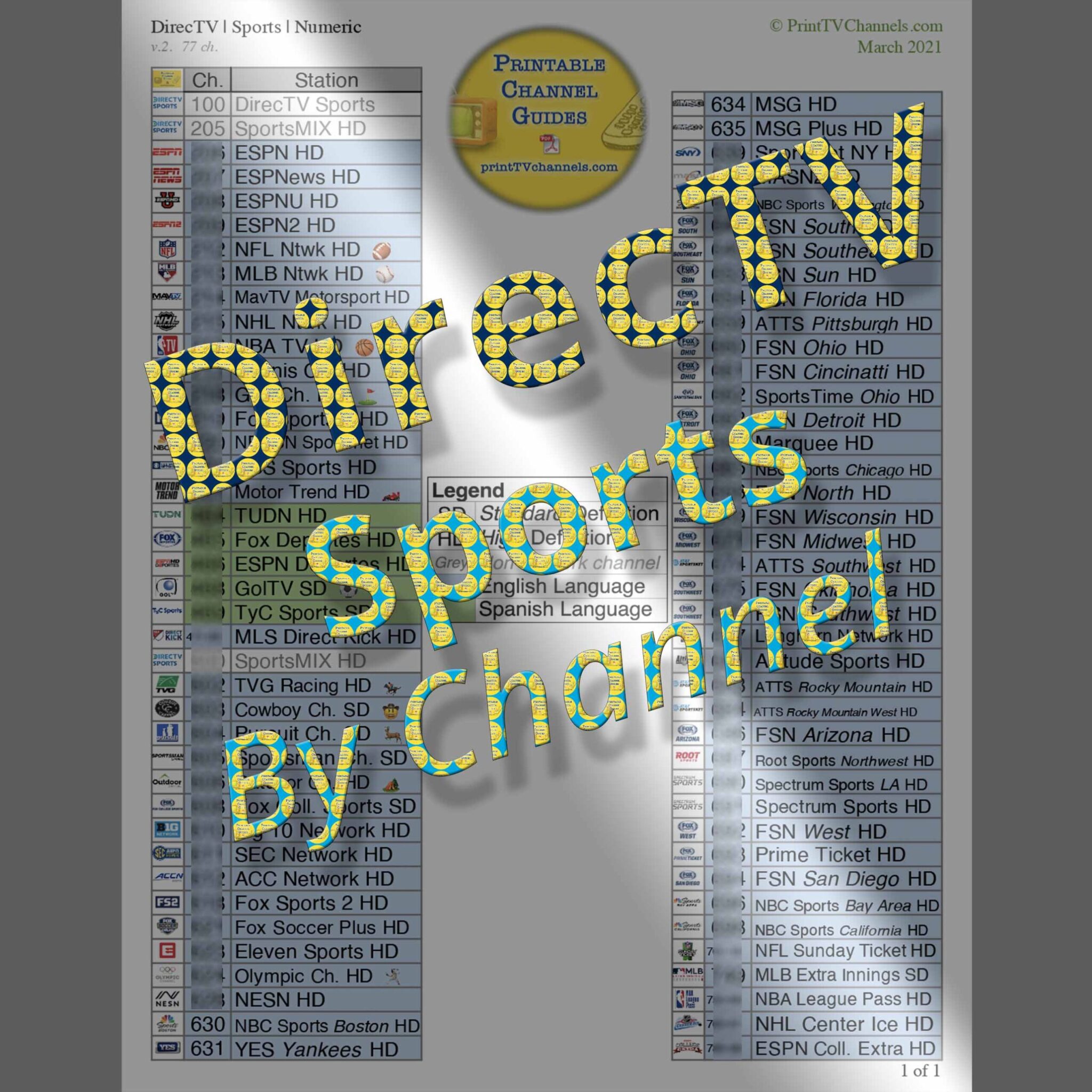 Preview Image: DirecTV Sports Channels (by channel number) - This channel guide lists all 77 unique TV sports stations available with DirecTV. Organized by channel number. Includes ESPN series, a ton of Fox sports, Golf Channel, NBC Sports, CBS Sports and all the major sporting networks (NBA, NFL, NHL, MLB and MLS Direct Kick). Most stations are HD quality. Less commonly known channels include Eleven Sports (British), Longhorn Network, MASN, NESN, Outdoor Channel, TUDN and TyC sports for example.