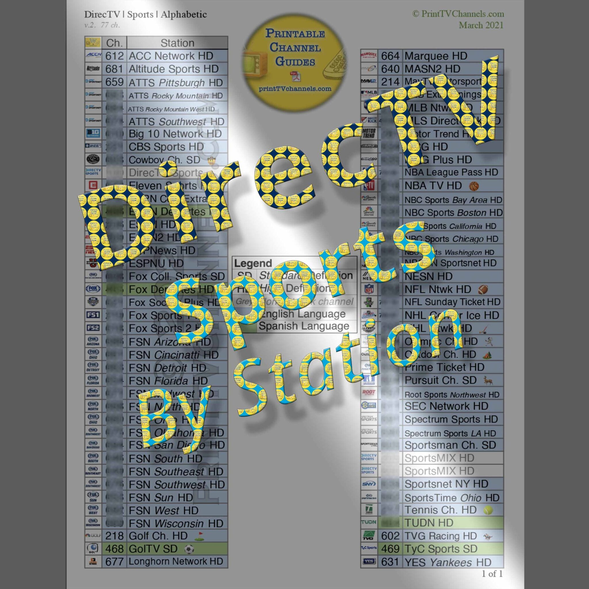 DirecTV Sports Channels Arranged by TV Station Name Free PDF!