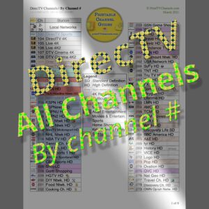 DirecTV Channel Lineup Guide | Nationwide | By Channel Number - See what we pay for. This color coded, 8-page channel listing includes all 543 TV channels (251 are HD/4K). Makes it easier to keep track of so many channels. Organized by TV channel number. Although this PDF is search friendly, compare with our identical DirecTV channel guide that is organized by TV station name. Includes Music Choice digital music stations, all sports, adult entertainment, most movie channels (including HBO, Starz, Showtime amongst others) and over 150 international channels.