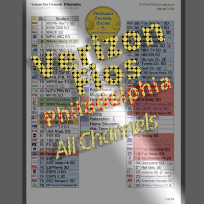 A printable and search-friendly PDF listing of all Verizon FiOS channels for customers in and around Philadelphia, PA. This lineup includes all SD, HD and 4K channels including all movie stations (HBO as an add-on), international and Music Choice channels. Guide is 10 pages long with 520 unique channels (the actual total number of channels including duplicates is 683). Of these, 238 are HD and three are 4K. GTIN 616833846168