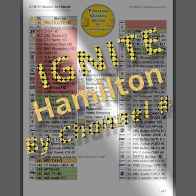 Preview Image: Rogers IGNITE TV Channel Guide (Numeric) for Hamilton, ON. This channel guide is organized by channel number and colour coded by TV station genre. Makes it easy to see all channels we pay for. Pared down to remove most duplicates. Comprised of 7 pages with 464 channels, 285 of which are HD or better (4K). Includes Stingray digital music channels. GTIN 616833846212
