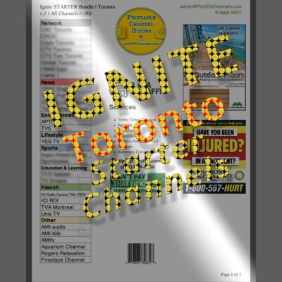 Preview Image: Rogers Ignite STARTER bundle channels for Toronto customers. Includes channel numbers with station names and channel logos. This colour-coded (by genre), print-friendly listing is provided in both alphabetic and numerical sequence. Base channels and PSF are listed on back pages. "All channels" = base channels + preselected/available flex channels (Available Flex channels can be substituted with the PSF). Created September 2021. To compare channels provided with each bundle, check out our "Ignite Toronto Master List".