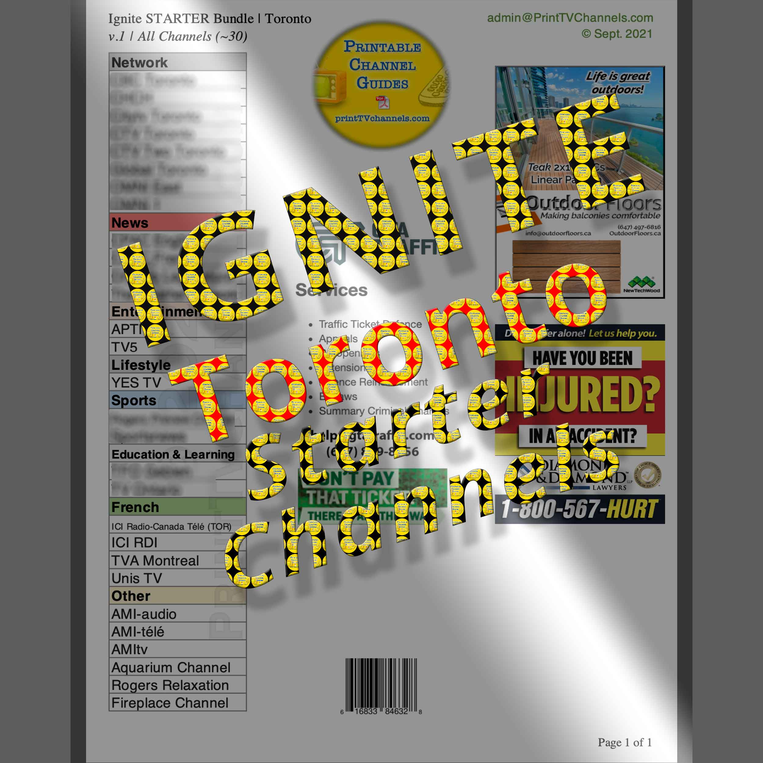 Preview Image: Rogers Ignite STARTER bundle channels for Toronto customers. Includes channel numbers with station names and channel logos. This colour-coded (by genre), print-friendly listing is provided in both alphabetic and numerical sequence. Base channels and PSF are listed on back pages. "All channels" = base channels + preselected/available flex channels (Available Flex channels can be substituted with the PSF). Created September 2021. To compare channels provided with each bundle, check out our "Ignite Toronto Master List".