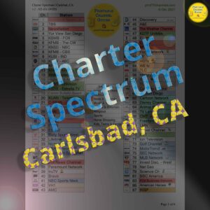 Preview Image: Printable Charter Spectrum channel lineup guide for Carlsbad, north San Diego County, CA. All 420 channels are listed, including local stations. Stations are arranged numerically, by increasing channel number. This free PDF download is search-friendly so you can easily look up channels. Color coded by TV station genre. v.1 Created October 2021.