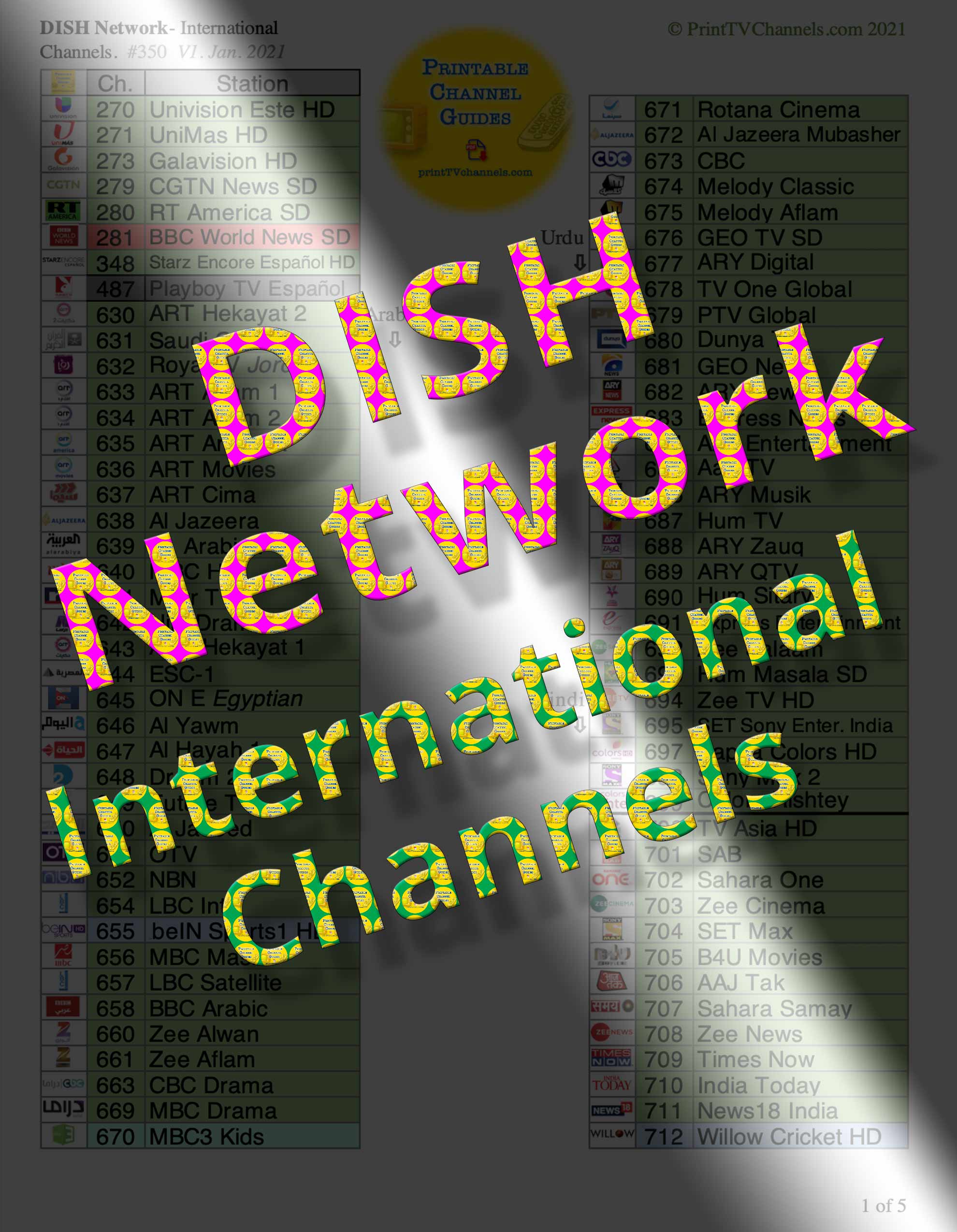 Preview Image: A print- and search-friendly PDF listing of Dish Network international TV stations. For customers across USA Color-coded by genre, this 5-page channel lineup guide has 350 channels. This free PDF file can be downloaded and printed or just keep on your devices. Created January 2021. Dish Network can boast about how they offer more international TV stations than any other provider in the USA (versus DirecTV, AT&T U-Verse and Optimum Cable). With a whopping count of 350 overseas stations, they win hands down. This is a print-friendly channel guide listing of all international stations offered by Dish Network. This PDF guide is arranged by channel number and is searchable. For more Dish Network and other printable channel guide PDFs, check out printTVchannels.com. Created Oct. 2021 but last update was from Jan. 2021.