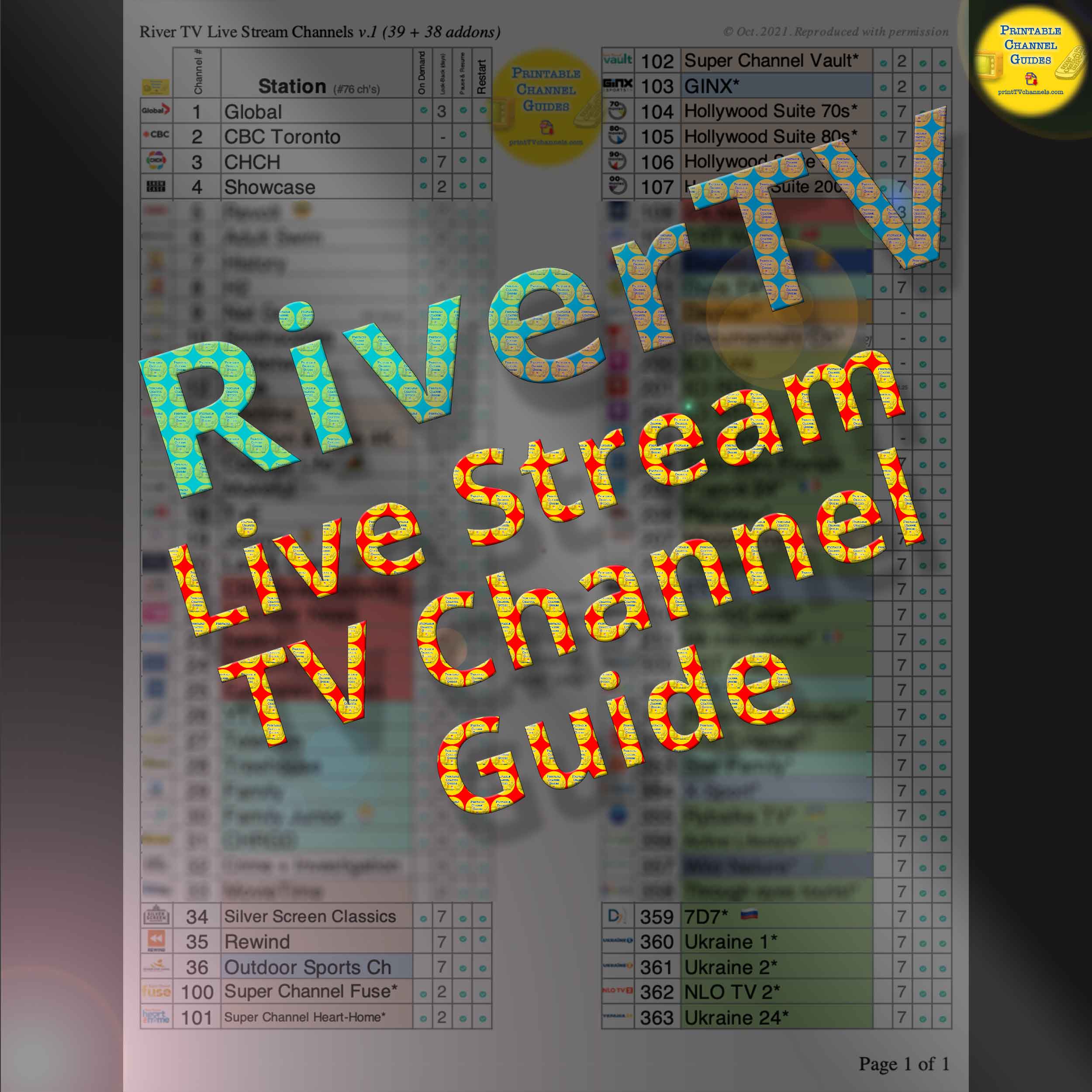 Preview Image: This RiverTV channel guide is a free PDF for download. It lists all channels available with this "OTT" streaming TV provider (users do not need an internet plan with this provider). For RiverTV users across Canada regardless of location. Channel table is organized by TV channel number. Includes all free stations as well as add-on TV channels (standalone and theme pack stations).