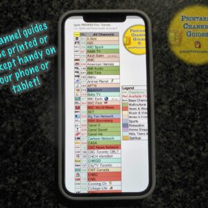 Photograph of our channel guide on an iPhone. Caption reads, "Our channel guides can be printed or just kept handy on your phone or tablet!"