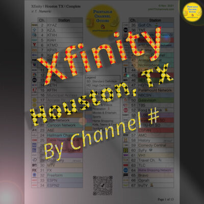 Preview Image: Xfinity Channel Lineup for Houston, TX | Organized by Channel Number — A FREE printable PDF channel guide listing all available TV stations for Comcast Xfinity customers in Houston, Texas. Includes all stations available with the various plans (Limited Basic/Choice TV Plus, Popular, Ultimate) as well as Spanish and international channels. Color coded by genre to make it easier finding channels. PDF is search friendly too. Numerous duplicate and even triplicate stations. If there is no "HD" after the channel name, this means the station is SD. v.1. Created November 2021.