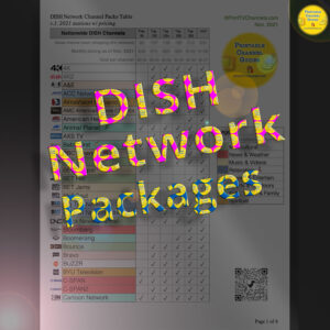 Preview Image: Listing of all DISH Network TV stations under the main prebuilt packages: Flex 50, Top 120, Top 120+, Top 200, Top 250 and America’s Everything Pack. Different than our DISH Channel Guides (which provide channel numbers), this is a spreadsheet-style table listing of TV stations for the various bundle packs. v1. Created Nov. 2021.