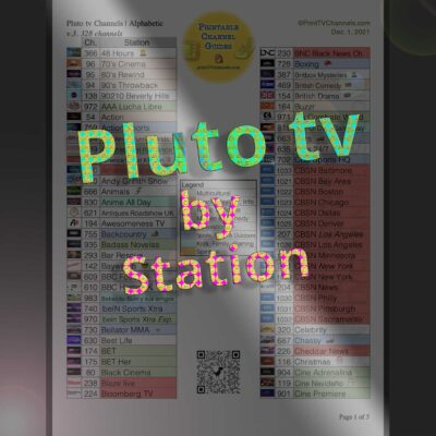 Preview: Complete listing of all 328 available channels for Pluto tv as of December 1, 2021 (v.3). This tv station lineup is arranged alphabetically by TV station. Free, print-friendly PDF for download and home printing. Includes several live news stations, many unique channels such as Stingray's Naturescape and Louple,lots of kids stations, live sports (eg. CBS and Fox Sports, NFL Channel, MLB, MLS) and several Spanish language channels.
