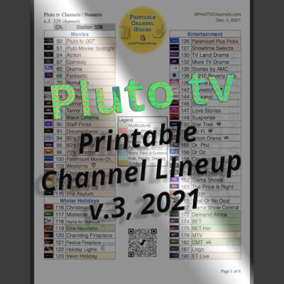 Preview Image: Complete listing of all 328 available channels for Pluto tv as of December 1, 2021 (v.3). This tv station lineup is arranged numerically by channel number. Free, print-friendly PDF for download and home printing. Includes many unique channels such as Loupe and Slow TV, lots of kids stations, live sports (eg. CBS and Fox Sports, NFL Channel, MLB, MLS) and several Spanish language channels.