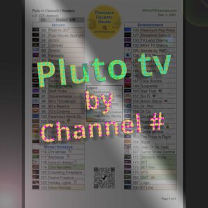 Preview Image: Complete listing of all 328 available channels for Pluto tv as of December 1, 2021 (v.3). This tv station lineup is arranged numerically by channel number. Free, print-friendly PDF for download and home printing. Includes many unique channels such as Loupe and Slow TV, lots of kids stations, live sports (eg. CBS and Fox Sports, NFL Channel, MLB, MLS) and several Spanish language channels.
