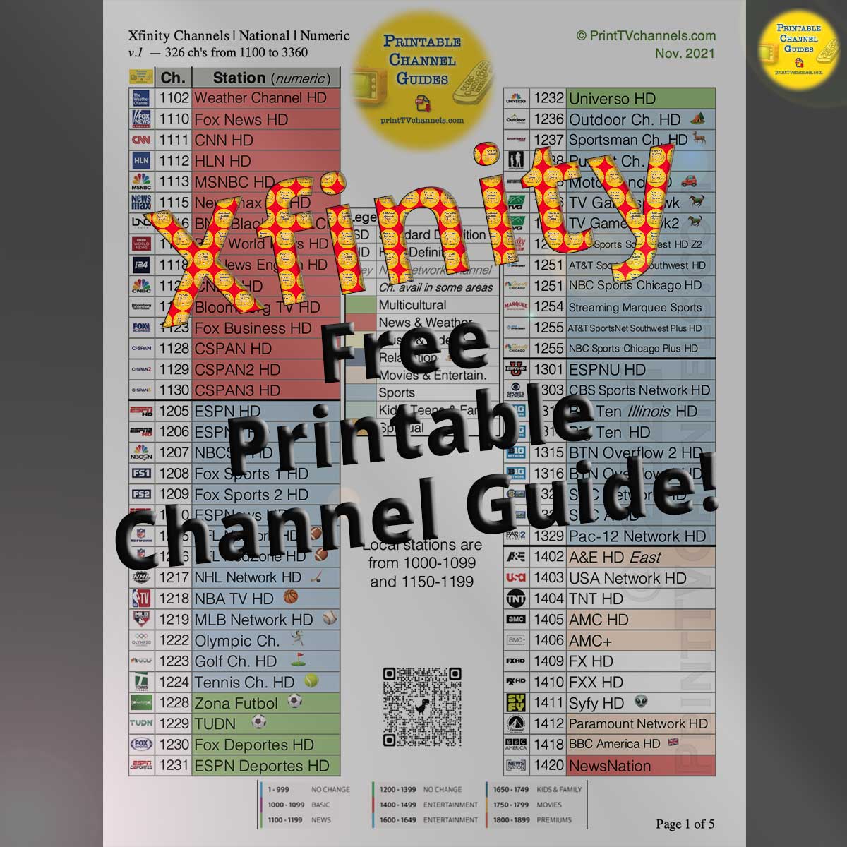 Preview Image — Printable Comcast Xfinity TV Channel Lineup Guide — Arranged by Channel Number.  2021