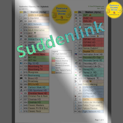 Suddenlink TV Guide Channel Lineup (alphabetic) CLEAN PREVIW — A printable PDF file of all TV stations available for Suddenlink in Narrows, Virginia as of November 2021. Includes all channels available with the three main packages: Value, Select and Premier. This channel guide is arranged alphabetically by TV station name. Color coded by TV station genre. Helps to figure out, "What channel is X on?"