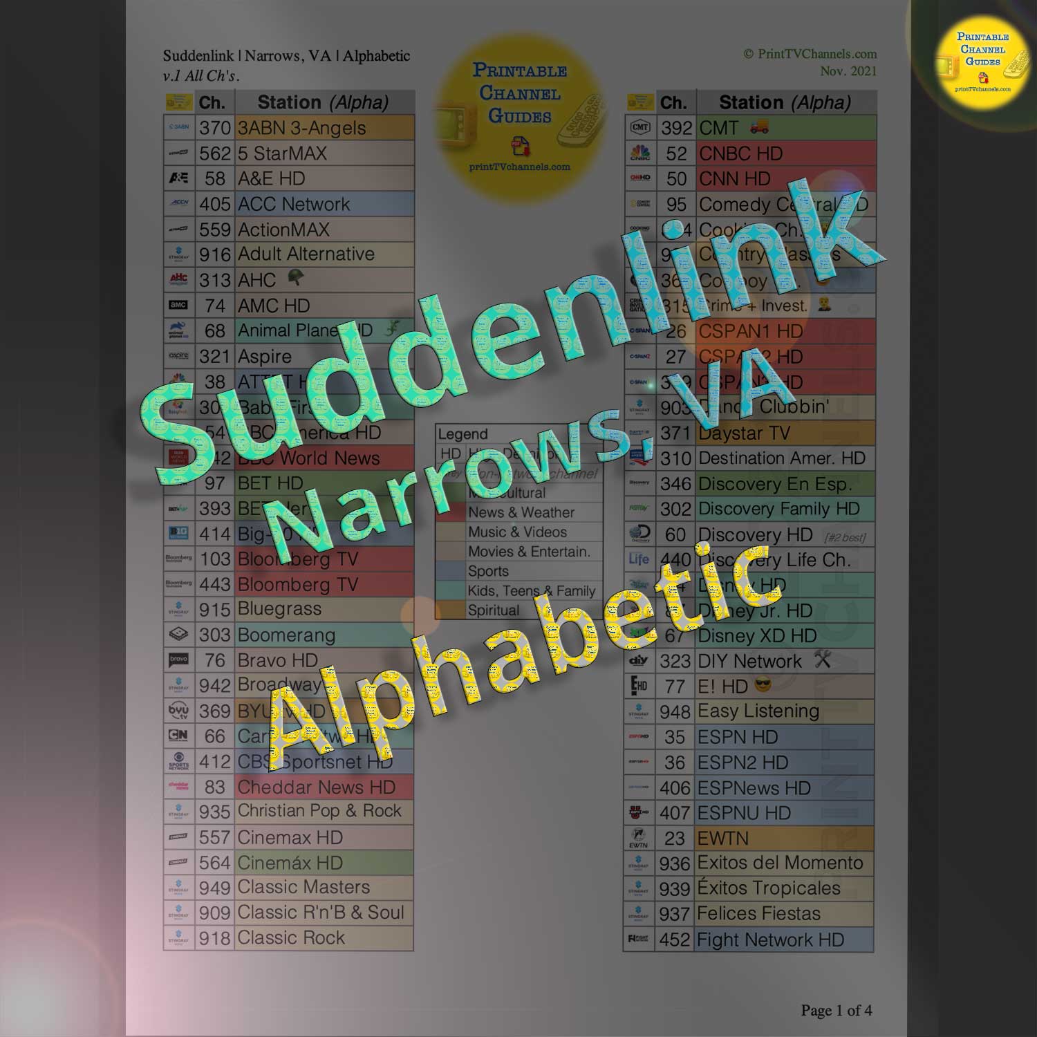 Suddenlink TV Guide Channel Lineup (alphabetic) — A printable PDF file of all TV stations available for Suddenlink in Narrows, Virginia as of November 2021. Includes all channels available with the three main packages: Value, Select and Premier. This channel guide is arranged alphabetically by TV station name. Color coded by TV station genre. Helps to figure out, "What channel is X on?"