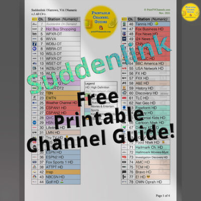 Suddenlink TV Guide Channel Lineup — A printable PDF file of all TV stations available for Suddenlink in Narrows, Virginia as of November 2021. Includes the channel lineups for the three main packages: Value, Select and Premier. This channel guide is arranged numerically by channel number. Color coded by TV station genre. Helps to figure see the distribution of channels as well as to find particular channels. PDF is search friendly too.