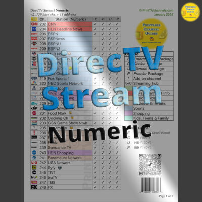 Preview Image (clean): DirecTV Stream Channel Lineup by Channel Number - Printable PDF channel guide of all TV stations.