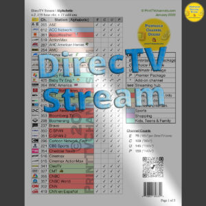 Preview Image (clean): This is a print-friendly PDF channel lineup guide of all available DirecTV Stream stations.